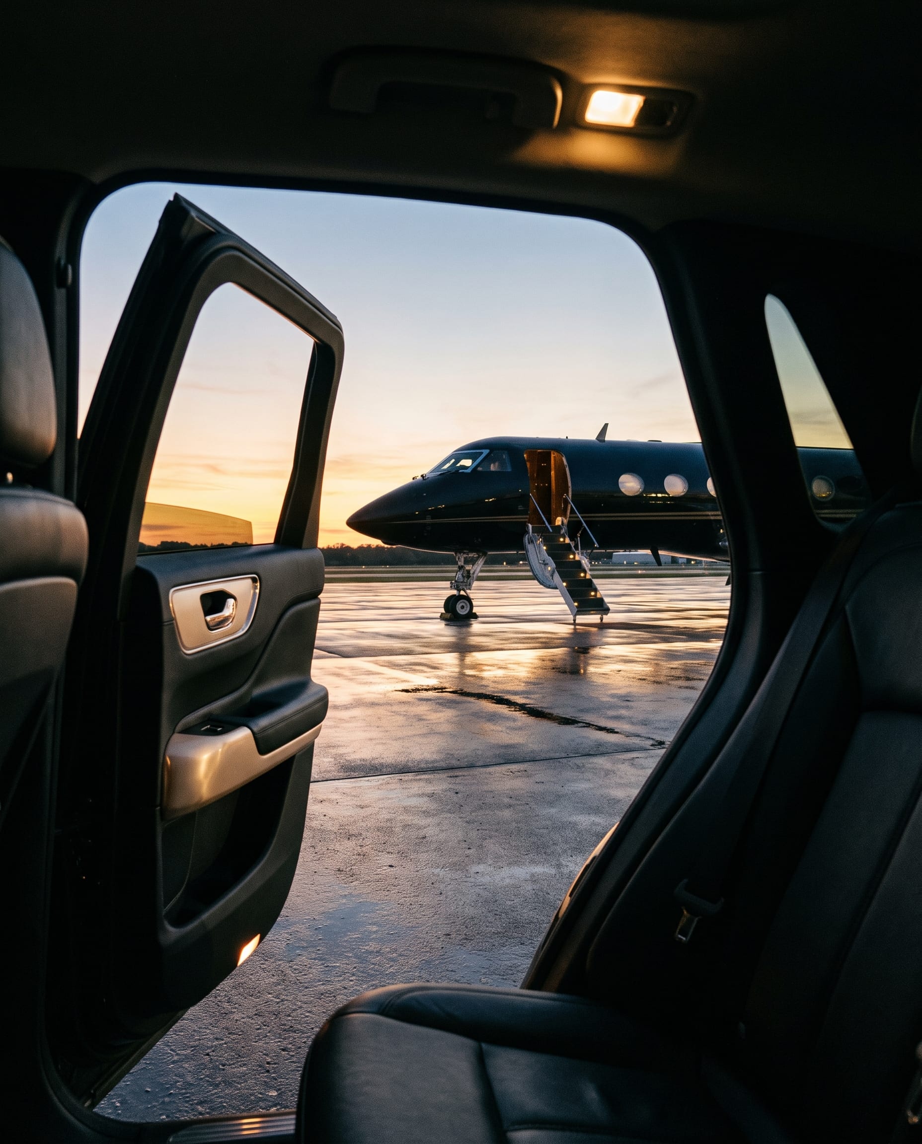 The open door of a black car framing a black private jet with its airstair lowered at sunset