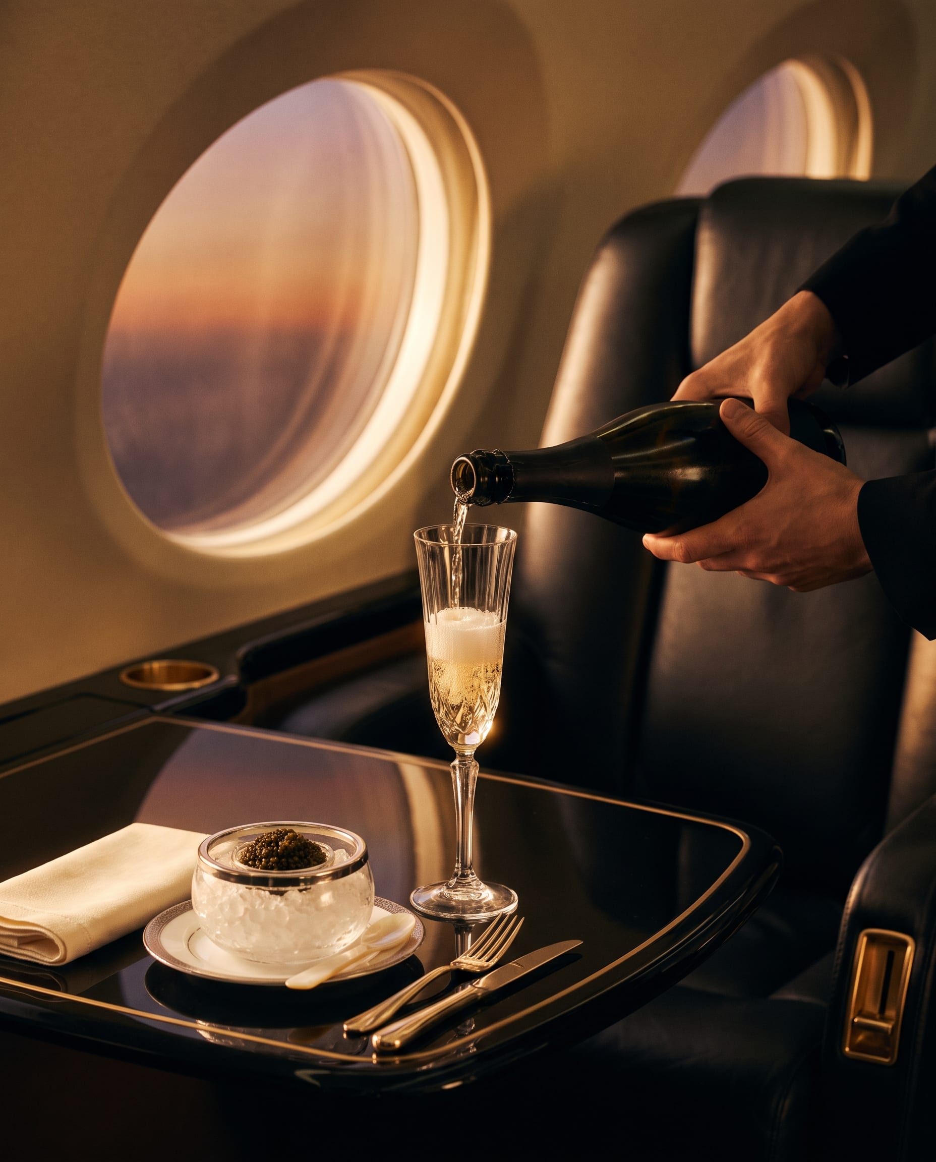 Champagne being poured beside a caviar service on a black lacquered cabin table