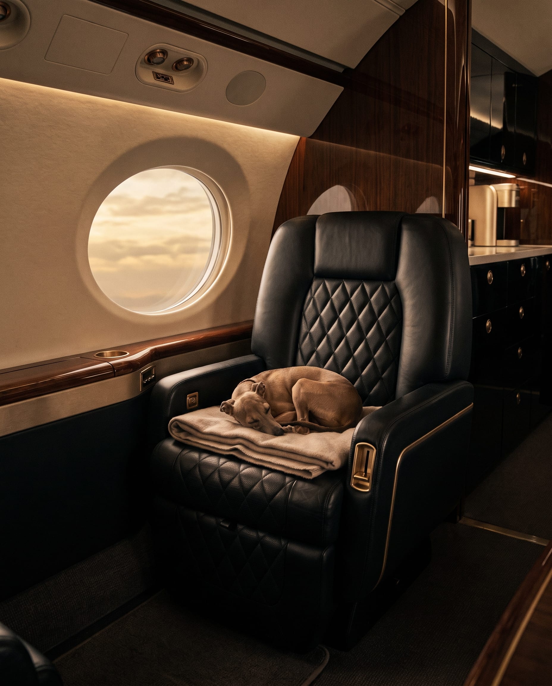 An Italian greyhound asleep on a black leather seat beside an oval window at dusk